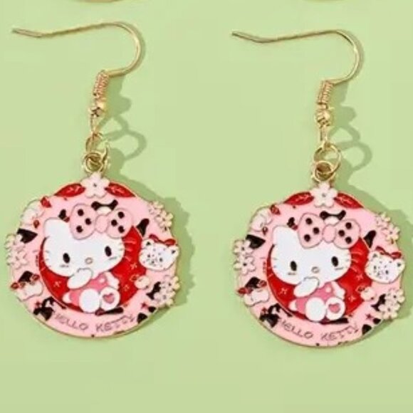 Hello Kitty Earrings Enamel Teddy Bear Sanrio Dangle Gold Goth Emo Scene Gift - Picture 1 of 2